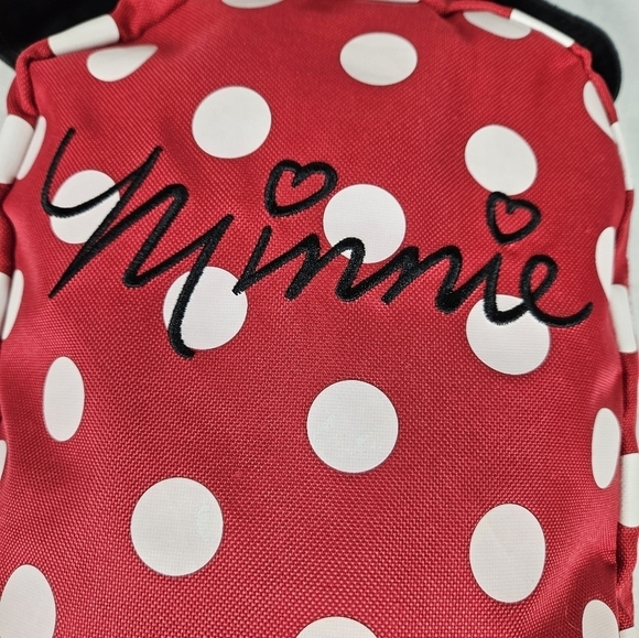 Disney Red & White Polka Dot Minnie Mouse Hooded Backpack Women's Bag - Picture 2 of 12